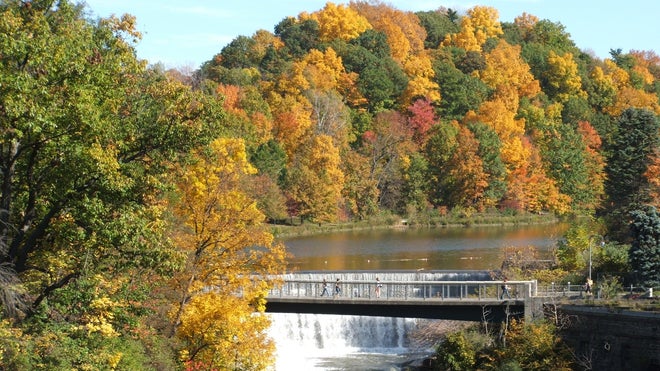 Autumn, Beebe Lake, Triphammer Falls, wide- Finger Lakes.JPG